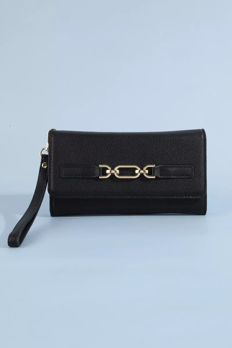 Fame vegan leather chain buckle wristlet wallet with adjustable strap and compact design, featuring a sleek chain detail.