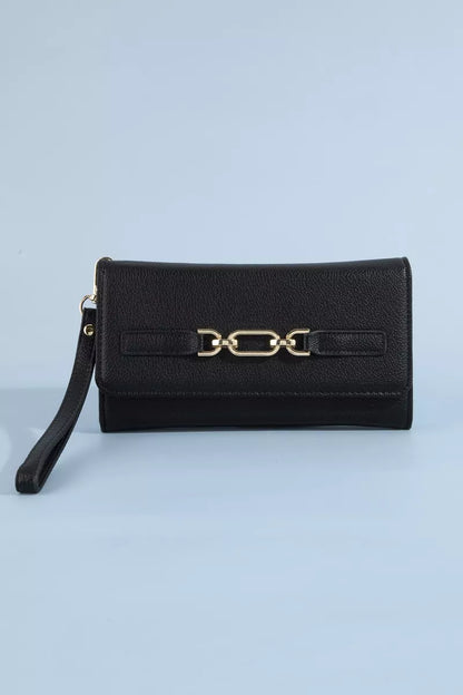 Fame vegan leather chain buckle wristlet wallet with adjustable strap and compact design, featuring a sleek chain detail.