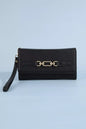 Fame vegan leather chain buckle wristlet wallet with adjustable strap and compact design, featuring a sleek chain detail.