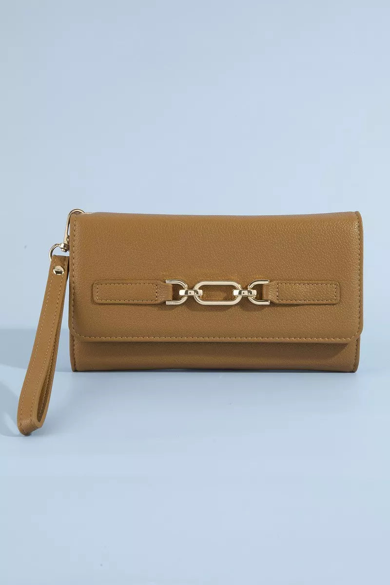 Fame vegan leather chain buckle wristlet wallet with zip closure and wrist strap, trendy and compact accessory for essentials.