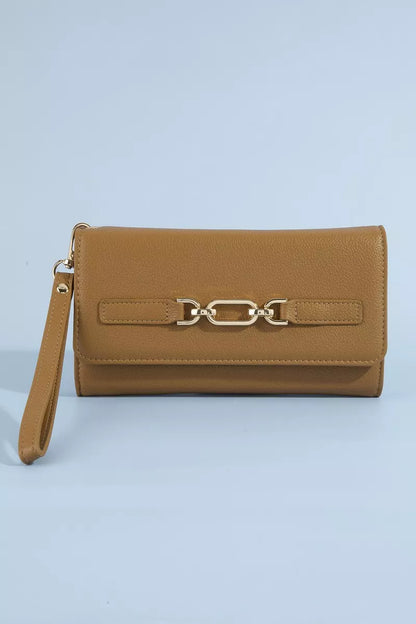 Fame vegan leather chain buckle wristlet wallet with zip closure and wrist strap, trendy and compact accessory for essentials.