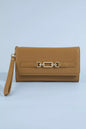 Fame vegan leather chain buckle wristlet wallet with zip closure and wrist strap, trendy and compact accessory for essentials.