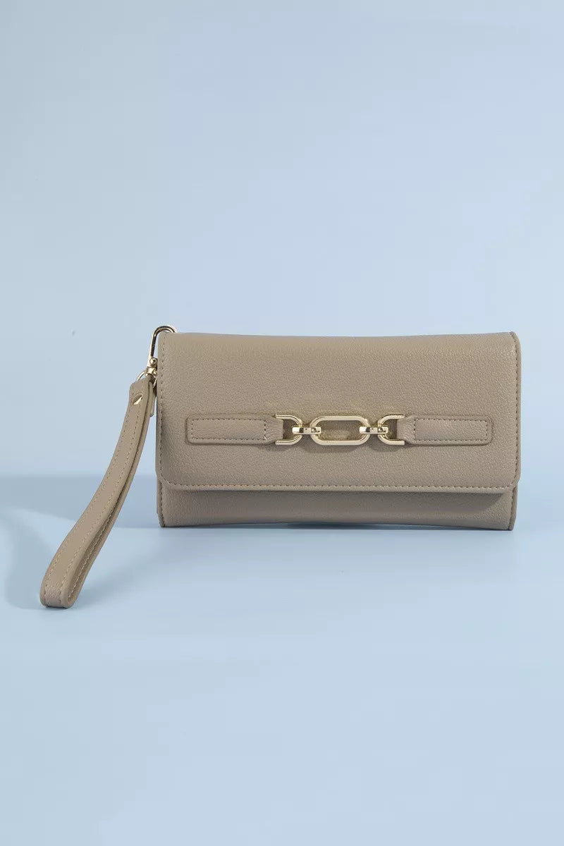 Fame vegan leather chain buckle wristlet wallet with adjustable strap and compact design, featuring a sleek chain detail.