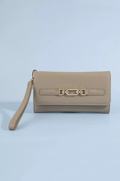Fame vegan leather chain buckle wristlet wallet with adjustable strap and compact design, featuring a sleek chain detail.