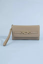 Fame vegan leather chain buckle wristlet wallet with adjustable strap and compact design, featuring a sleek chain detail.