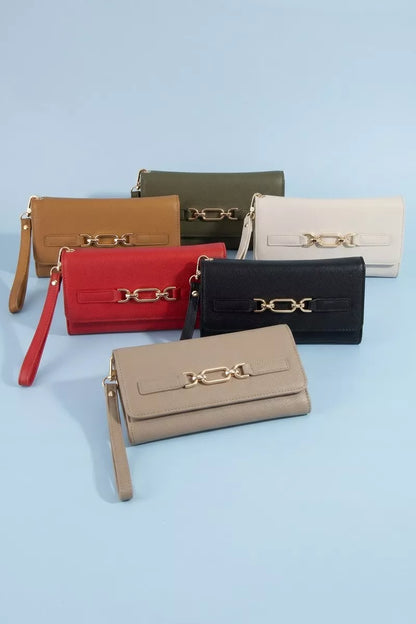 Fame vegan leather chain buckle wristlet wallet with a sleek design and adjustable strap, featuring a compact, stylish look.