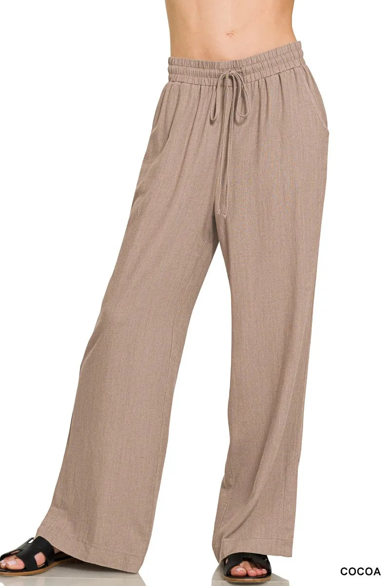 Zenana linen drawstring pants in cocoa color with relaxed fit and adjustable waistband, styled on a model.
