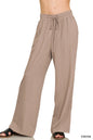 Zenana linen drawstring pants in cocoa color with relaxed fit and adjustable waistband, styled on a model.