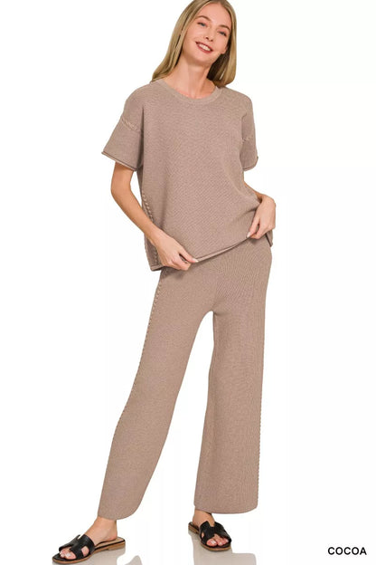 Zenana viscose round neck top and pants set in cocoa color, casual loungewear with comfortable fit and relaxed style.