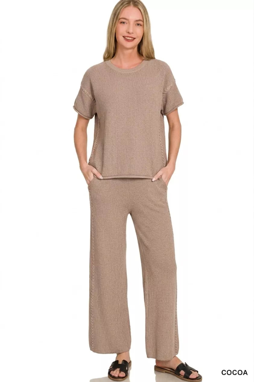 Zenana viscose round neck top and pants set in cocoa color, stylish and comfortable casual outfit from Trendsi.