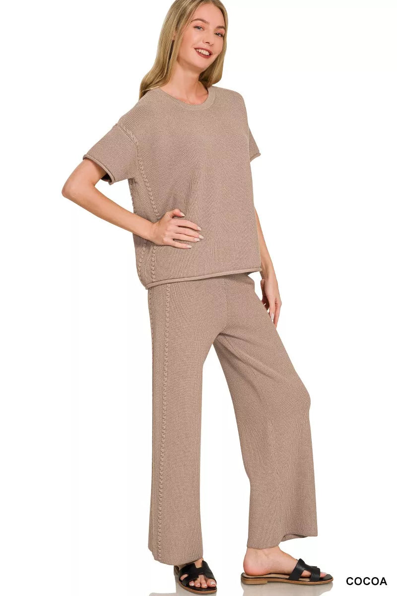 Trendsi Zenana viscose round neck top and pants set in cocoa color, casual loungewear with relaxed fit and comfortable fabric.