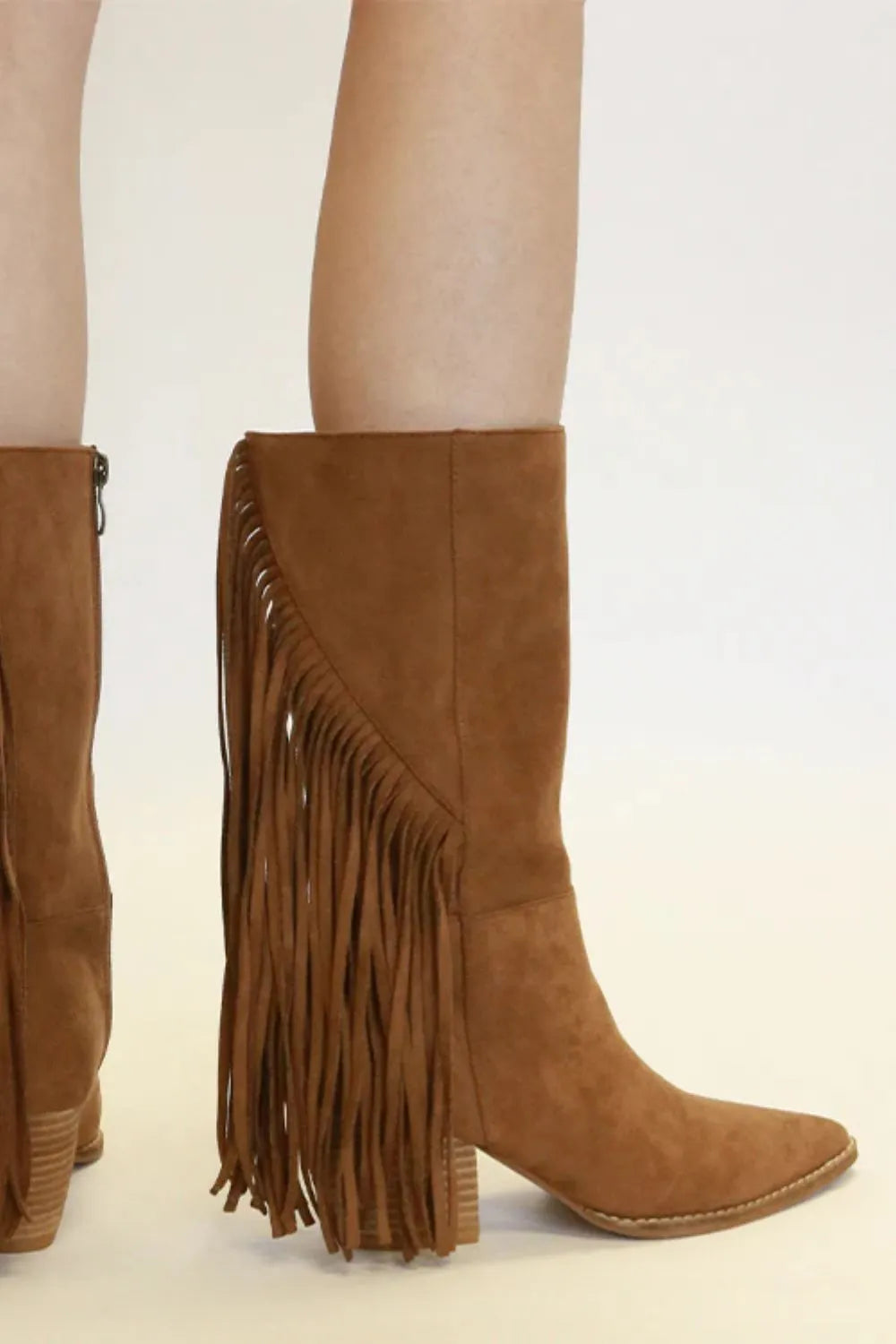 Beast Fashion suede fringe point toe boots in coffee color with stylish fringe detailing and pointed toe design.