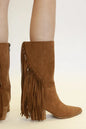 Beast Fashion suede fringe point toe boots in coffee color with stylish fringe detailing and pointed toe design.