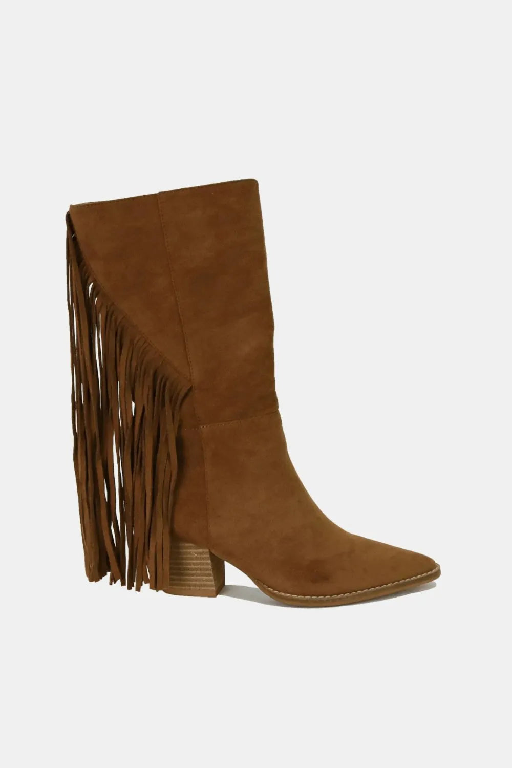 Beast Fashion suede fringe point toe boots in coffee color with stylish fringe details and a pointed toe design.