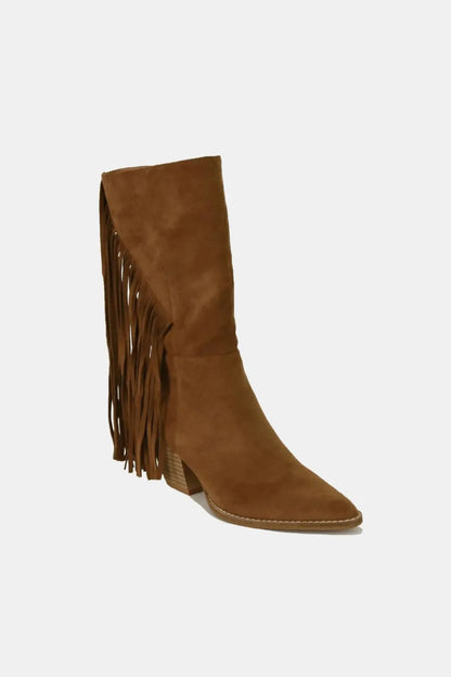 Beast Fashion suede fringe point toe boots in coffee color with stylish fringe detailing and sleek design.