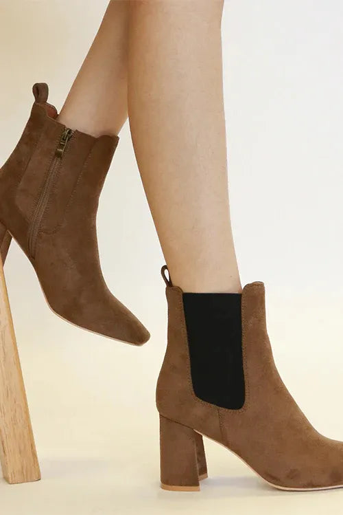 Coffee brown Beast Fashion faux suede Chelsea boots with block heel and elastic side panels, stylish and comfortable for everyday wear.