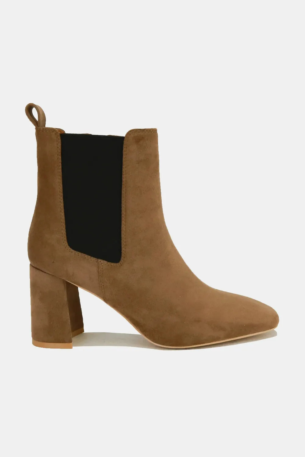 Coffee brown Trendsi Beast Fashion faux suede Chelsea boots with block heel and elastic side panels for a stylish, comfortable fit.