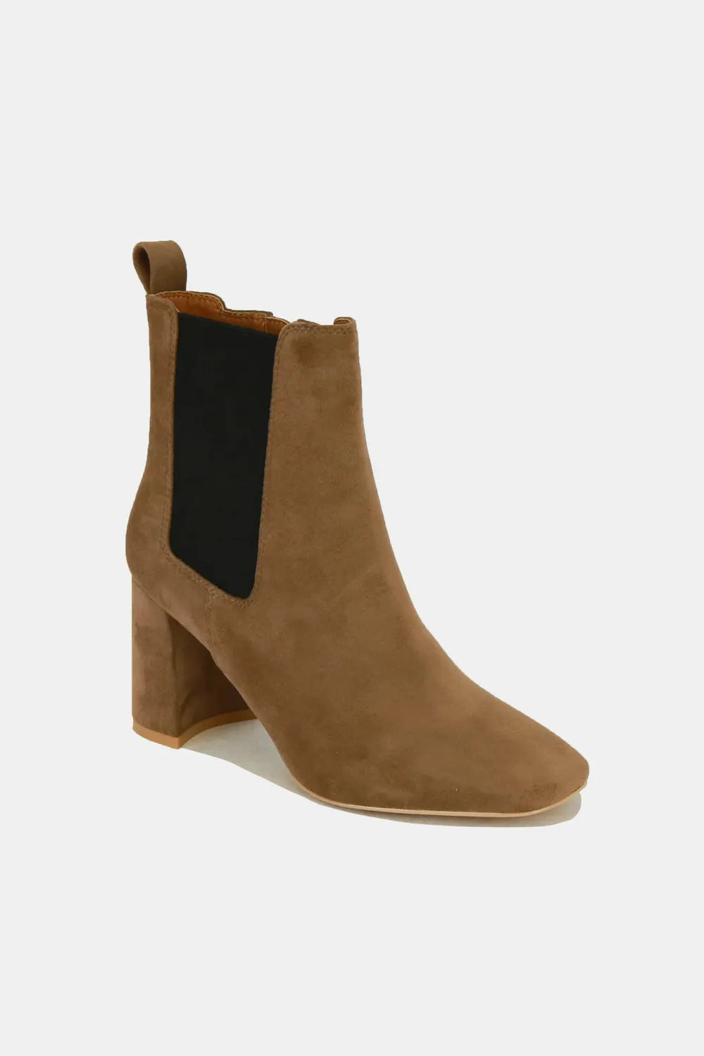 Coffee brown Trendsi Beast Fashion faux suede Chelsea boots with block heel and elastic side panels, stylish and comfortable footwear.