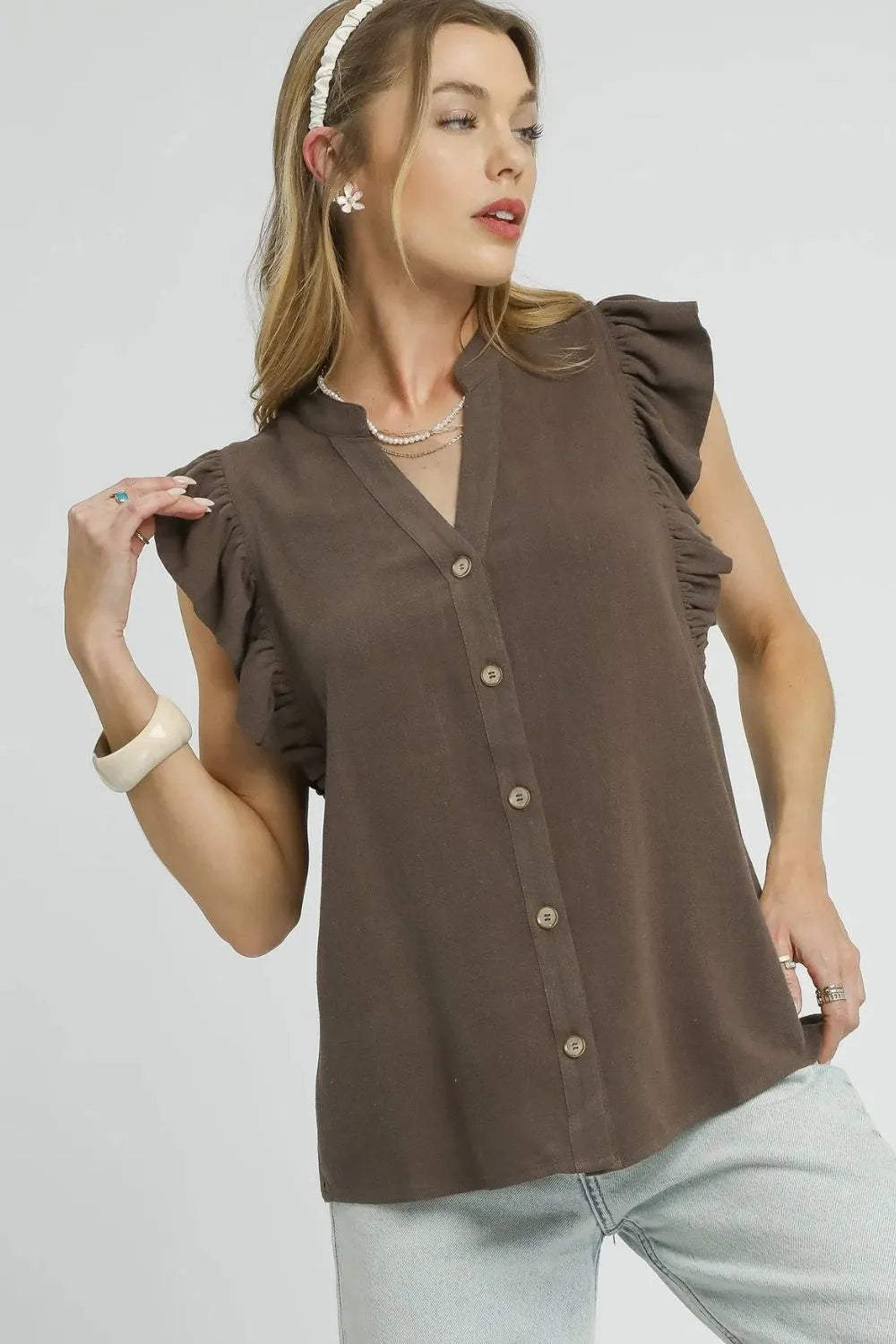 Coffee brown Umgee linen ruffle sleeve button-down shirt with a relaxed fit, featuring ruffled sleeves and a classic collar.