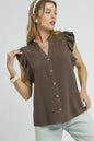 Coffee brown Umgee linen ruffle sleeve button-down shirt with a relaxed fit, featuring ruffled sleeves and a classic collar.