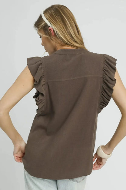 Coffee brown linen ruffle sleeve button-down shirt by Umgee, showcased on a model with a casual, relaxed fit.