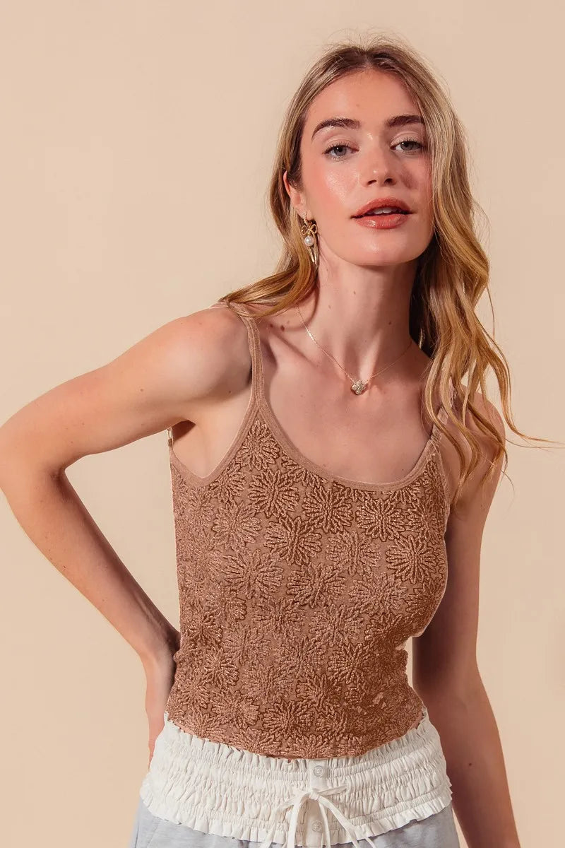 Two-tone floral seamless tank top by SO ME, featuring a stylish design in neutral tones, perfect for casual wear.