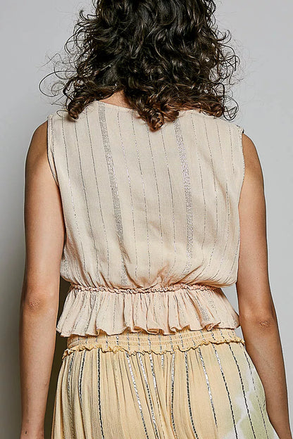 Coral Haze multi-colored shimmer pattern deep V tie-front sleeveless crop top with tassels and ruffle hem by Trendsi.