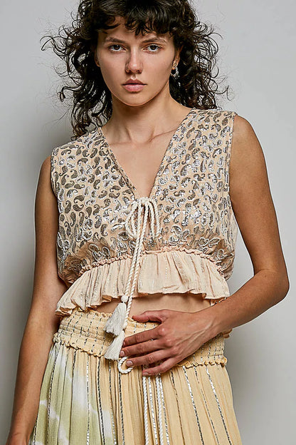 Trendsi coral haze multi shimmer pattern deep V sleeveless crop top with tie front tassel and ruffle hem, stylish summer top
