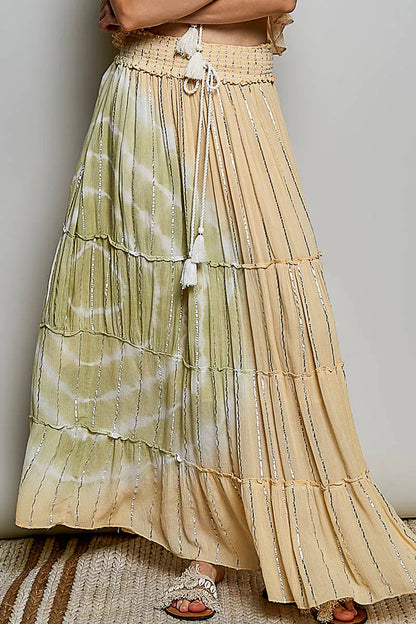 Coral Haze multi-color POL shimmer tiered maxi skirt with reverse ruffles and smocked waist from Trendsi