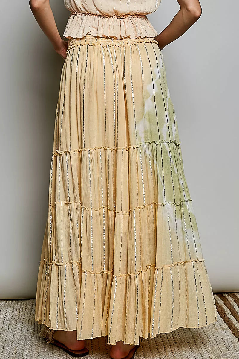 Coral Haze multi-color POL shimmer tiered maxi skirt with reverse ruffles and smocked waist, trendy and flowy for summer wear.