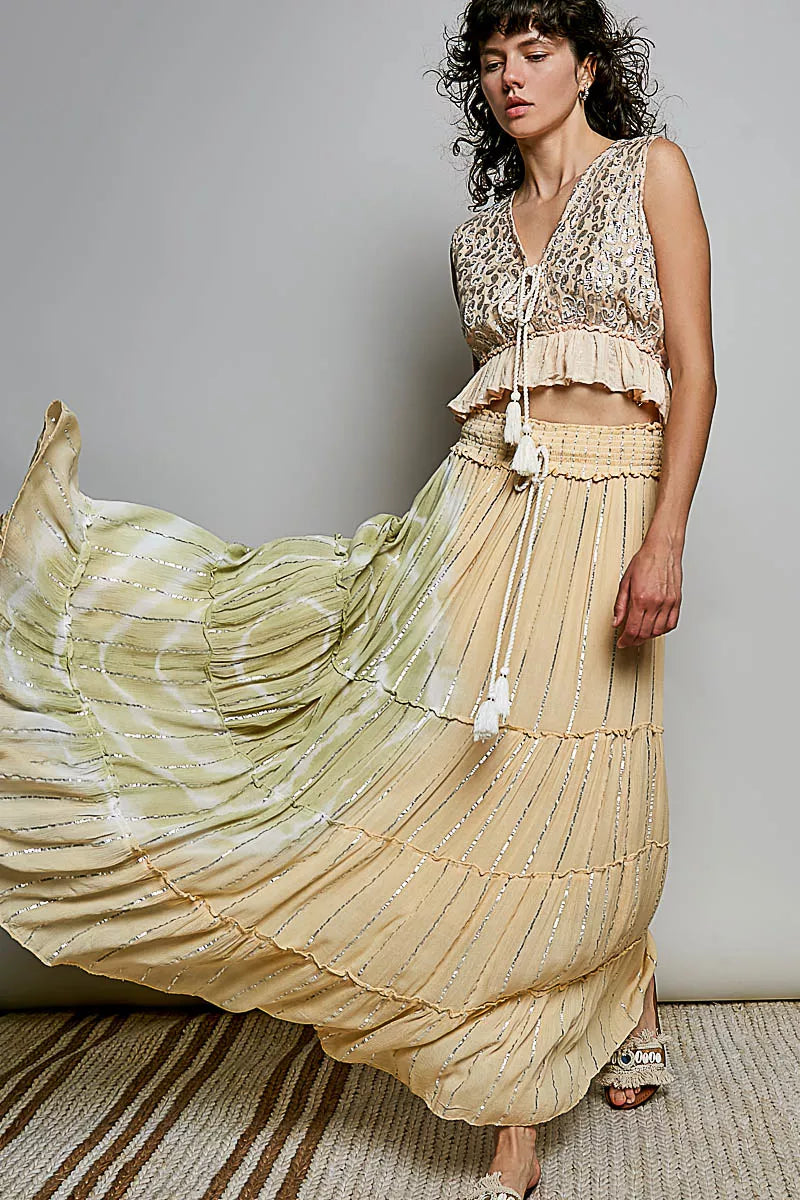 Coral Haze multi-color POL Shimmer Tiered Reverse Ruffle Maxi Skirt with smocked waistband, flowing and elegant for stylish wear.