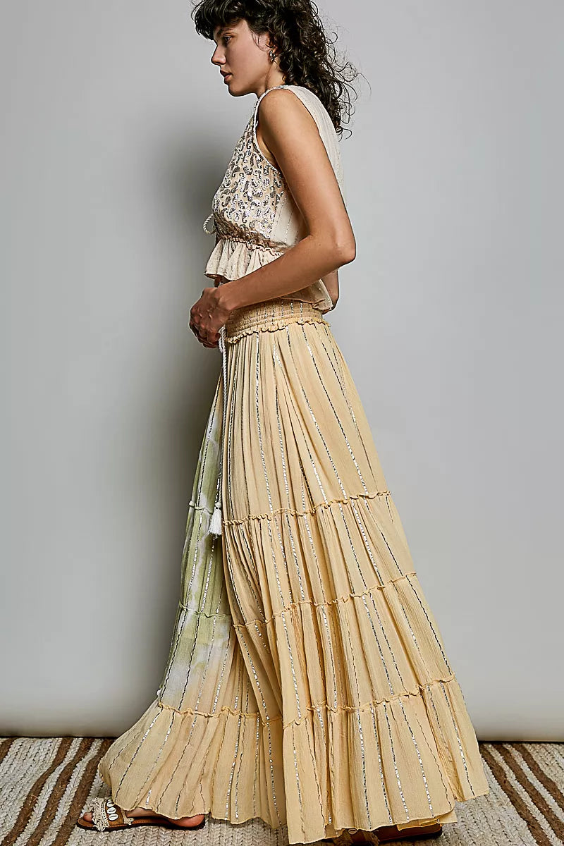 Trendsi coral haze multi shimmer tiered maxi skirt with reverse ruffle design and smocked waist, flowing and elegant.