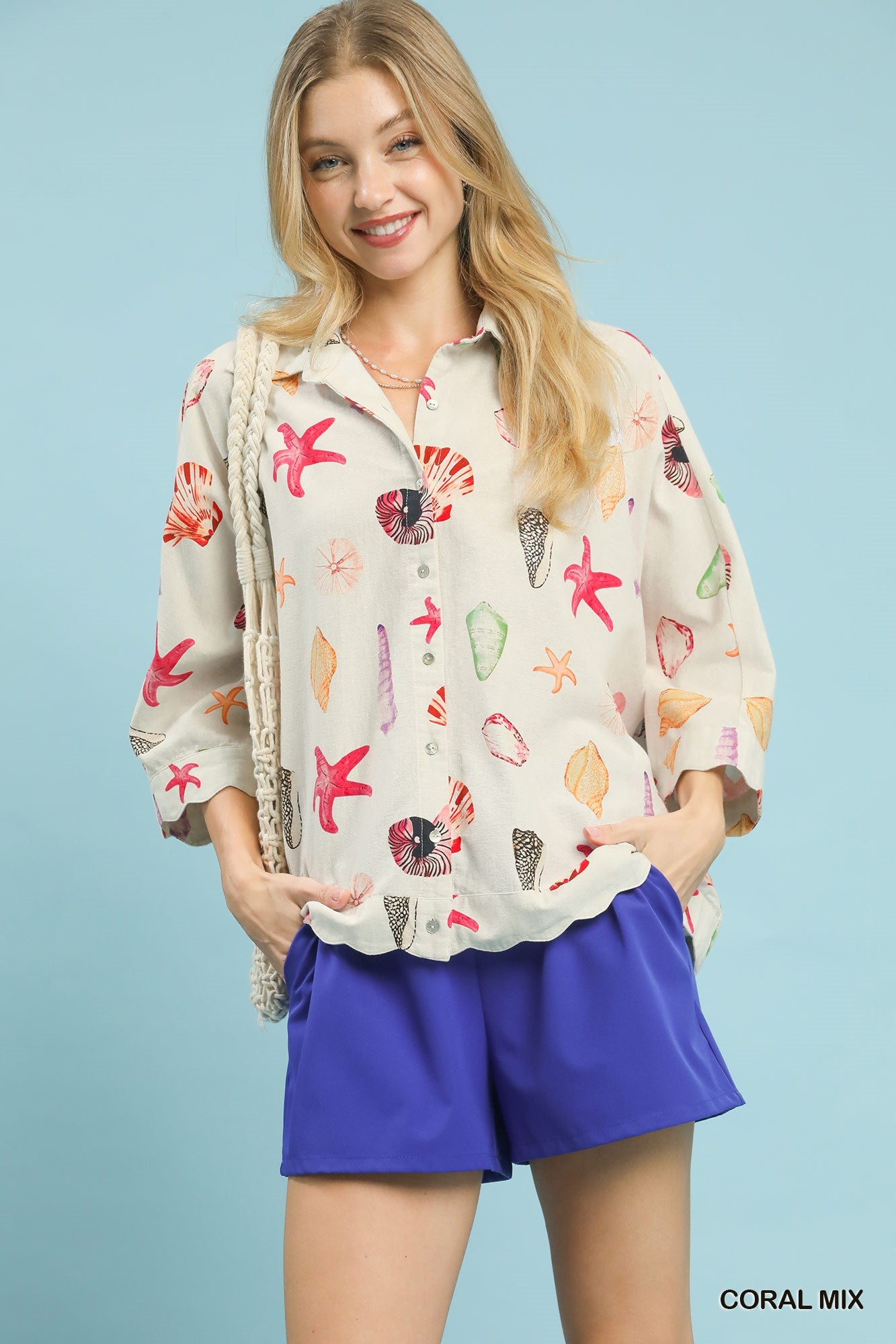 Umgee seashell and starfish print button-down top with coral mix pattern, featuring a relaxed fit and casual coastal style.