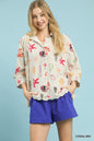 Umgee seashell and starfish print button-down top with coral mix pattern, featuring a relaxed fit and casual coastal style.