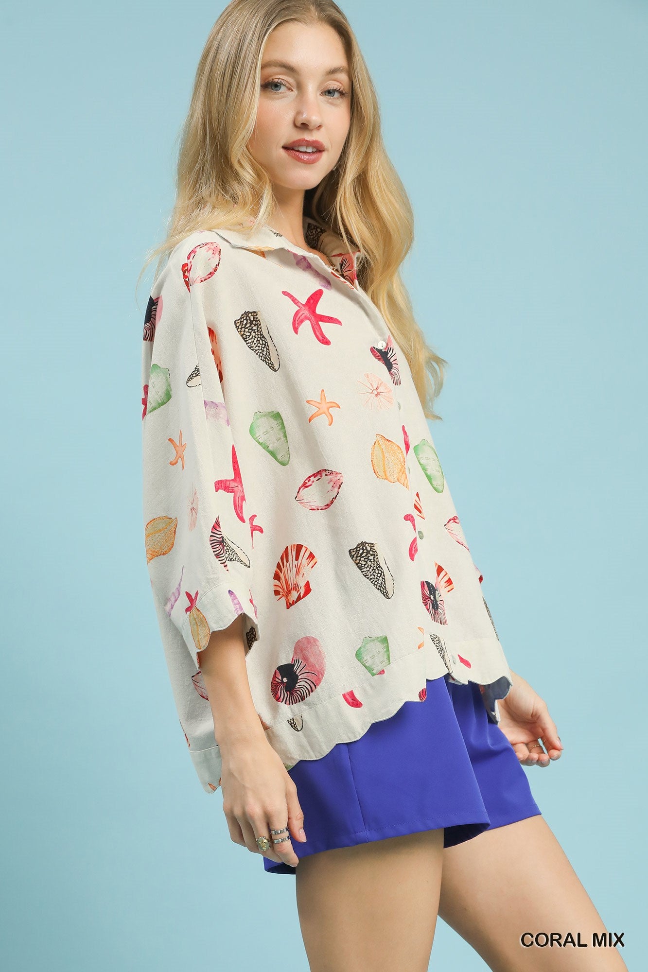 Trendsi Umgee seashell and starfish print button-down top in coral mix fabric, featuring a stylish nautical design.