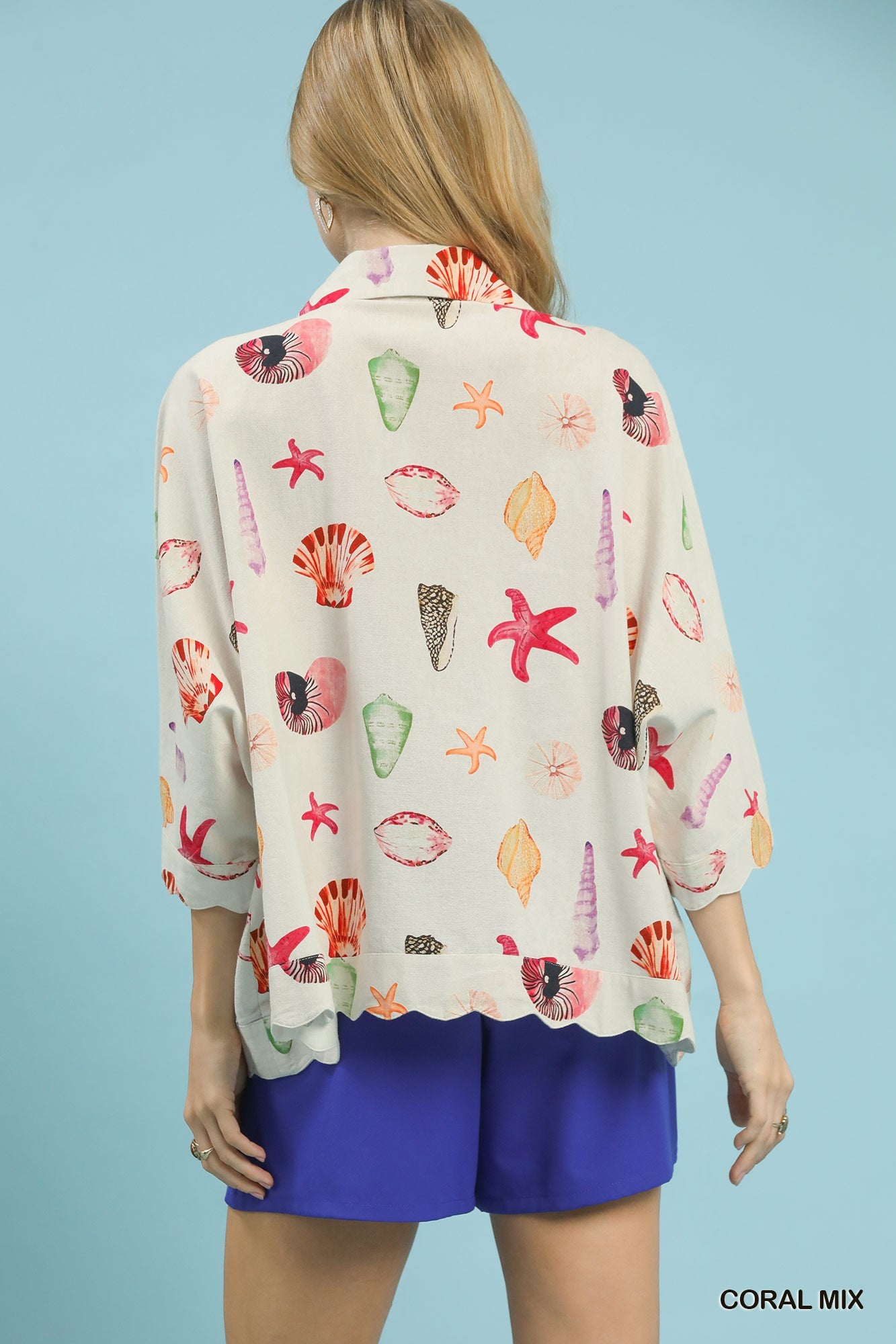 Trendsi Umgee seashell and starfish print button-down top in coral mix, featuring a relaxed fit and ocean-inspired design.