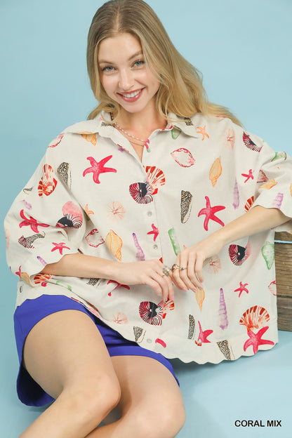Umgee seashell and starfish print button-down top in coral mix, featuring a beach-inspired design and casual fit.