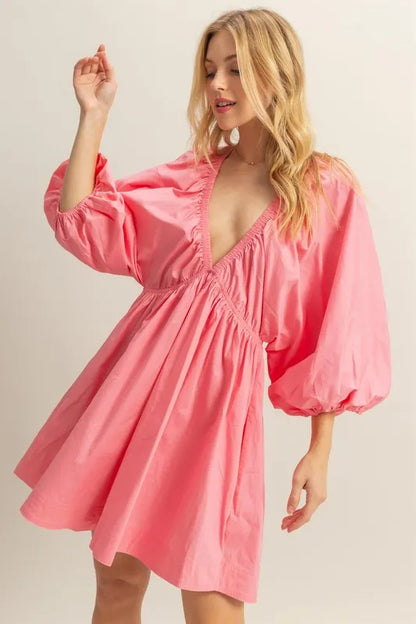 Coral HYFVE plunge balloon sleeve poplin mini dress with pockets, featuring a stylish design and comfortable fit.