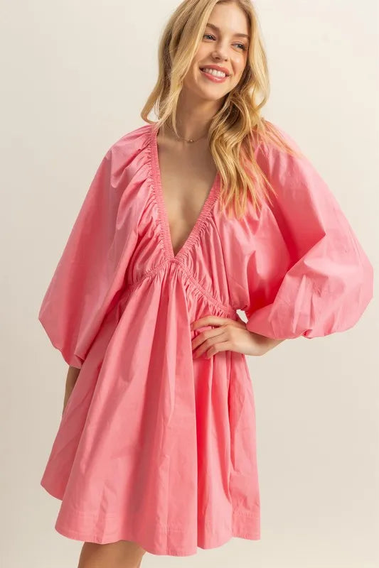 Coral HYFVE plunge balloon sleeve poplin mini dress with pockets, featuring a stylish V-neck and relaxed fit.