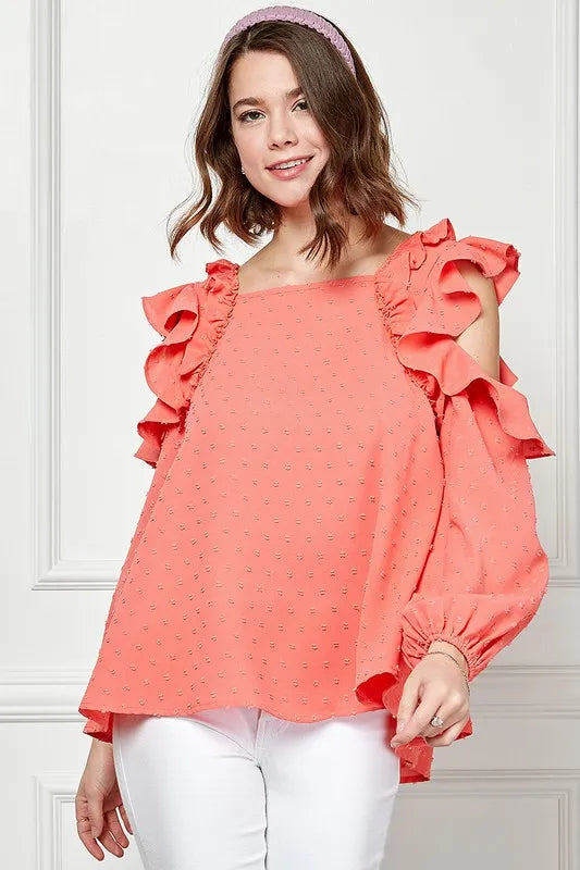 Coral lime 'N' Chili ruffle trim cold shoulder Swiss dot blouse by Trendsi, featuring ruffled sleeves and a lightweight, dotted fabric.