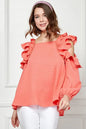 Coral lime 'N' Chili ruffle trim cold shoulder Swiss dot blouse by Trendsi, featuring ruffled sleeves and a lightweight, dotted fabric.