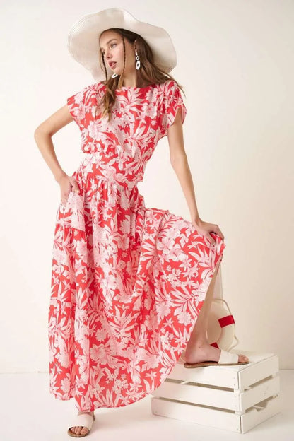 Tropical print top and skirt set by Mittoshop featuring vibrant coral colors, perfect for casual summer wear.