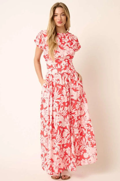 Tropical print top and skirt set by Mittoshop, featuring vibrant coral colors and lightweight fabric for a casual summer look.