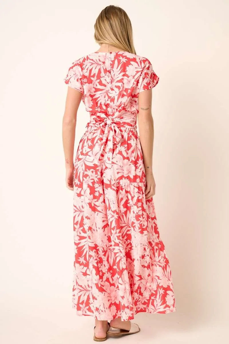 Tropical print top and skirt set by Mittoshop featuring vibrant coral colors, perfect for summer casual wear.