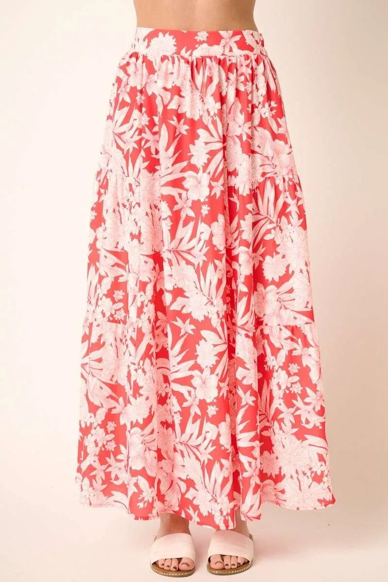 Tropical print top and skirt set by Mittoshop, featuring vibrant floral patterns in coral colors, perfect for summer wear.