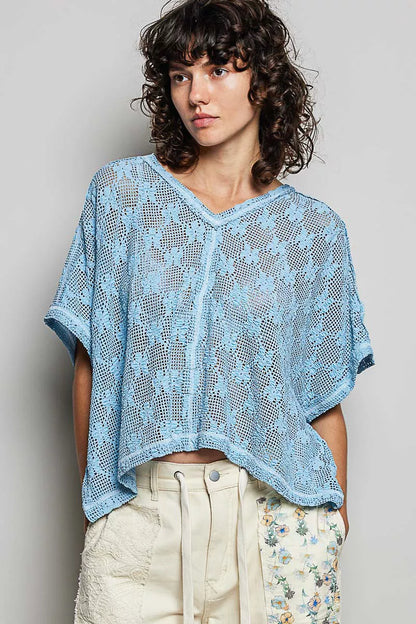 Cornflower blue crochet lace short sleeve top from Trendsi, featuring intricate crochet details and a relaxed fit.