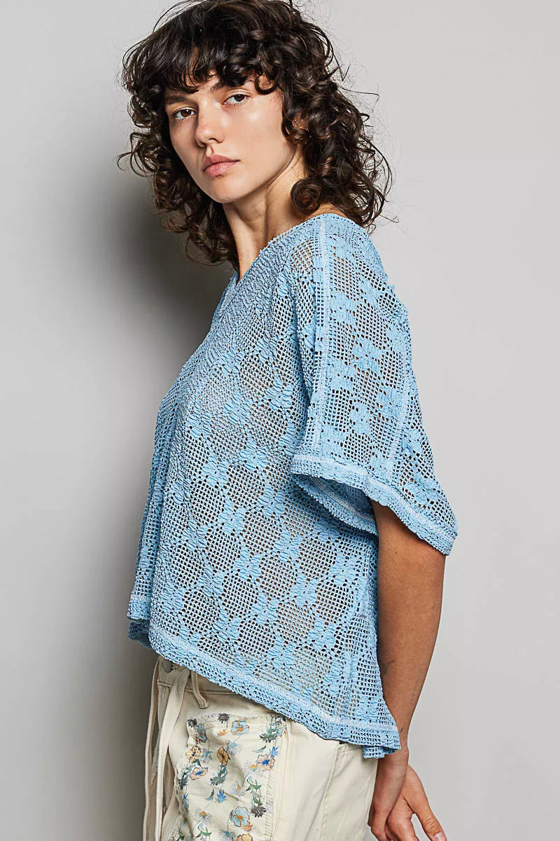 Cornflower blue POL Crochet Lace Short Sleeve Top by Trendsi, featuring delicate lace details and a relaxed fit.