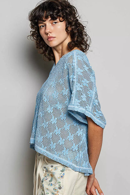 Cornflower blue POL Crochet Lace Short Sleeve Top by Trendsi, featuring delicate lace details and a relaxed fit.