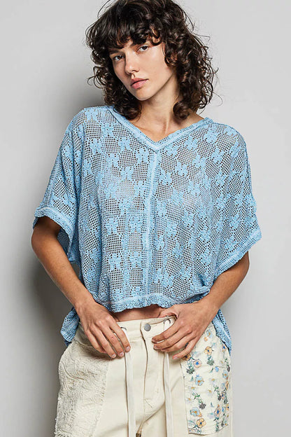Cornflower blue POL crochet lace short sleeve top from Trendsi, featuring intricate lace detail and a stylish, fitted design.