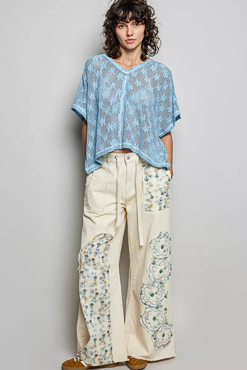 Cornflower blue POL crochet lace short sleeve top by Trendsi, featuring intricate lace detail and a relaxed fit.